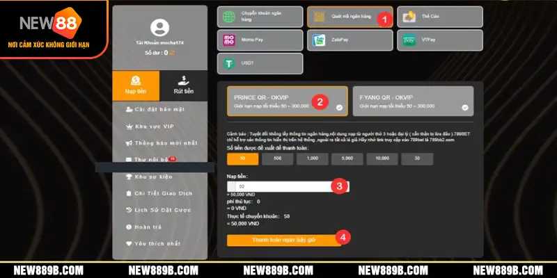 Hoàn tất nạp tiền nhà cái New88